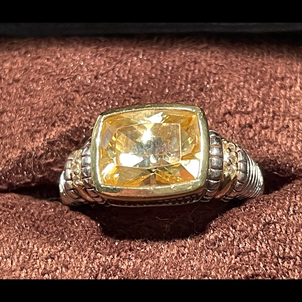 Judith Ripka Sterling Silver 18K Gold Canary Quartz with Diamonds Ring Size 6